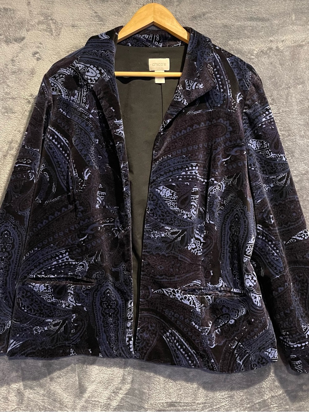 Chico's Women's Size 3 Velvet Paisley Jacket Blazer Midnight Blue Whimsical Dark